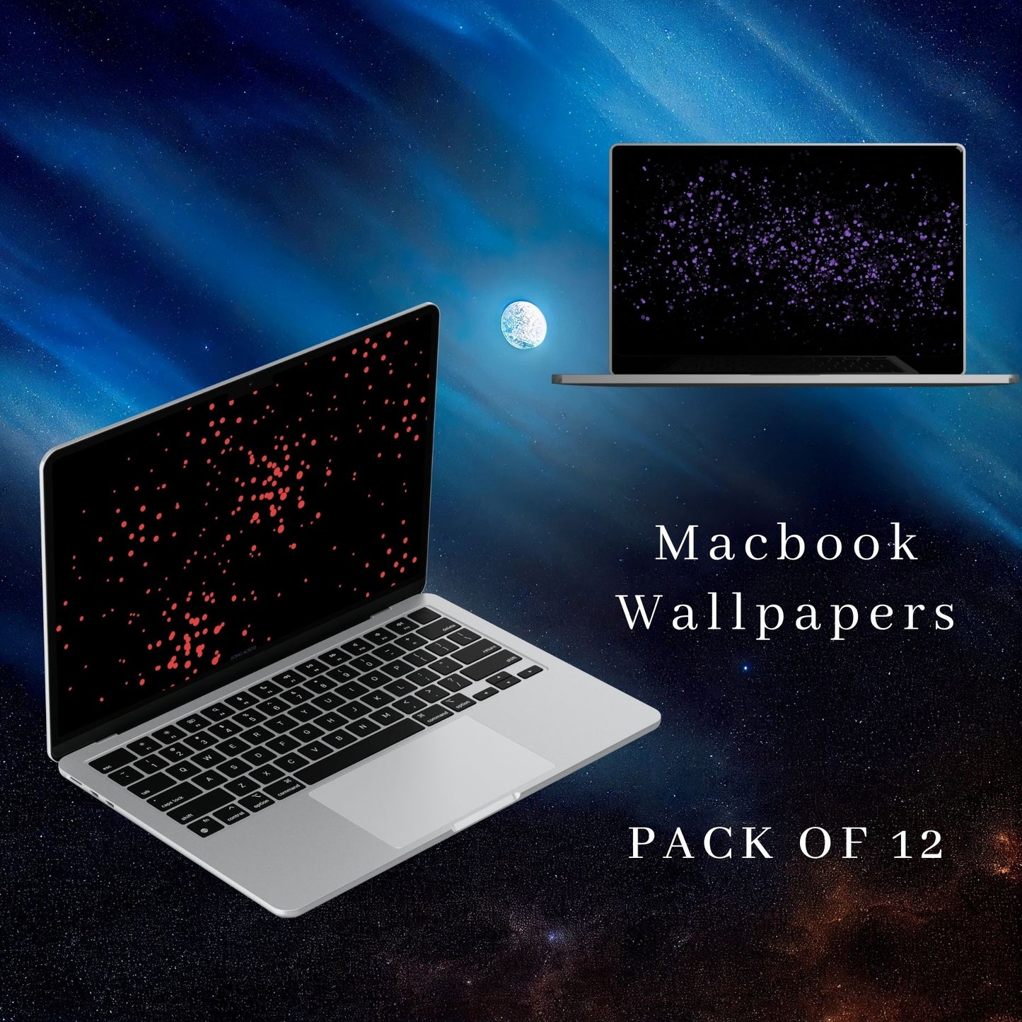 Two laptops with space-themed wallpapers on a cosmic space background, with text 'Dots Macbook Wallpapers Pack of 12' by Going Across.