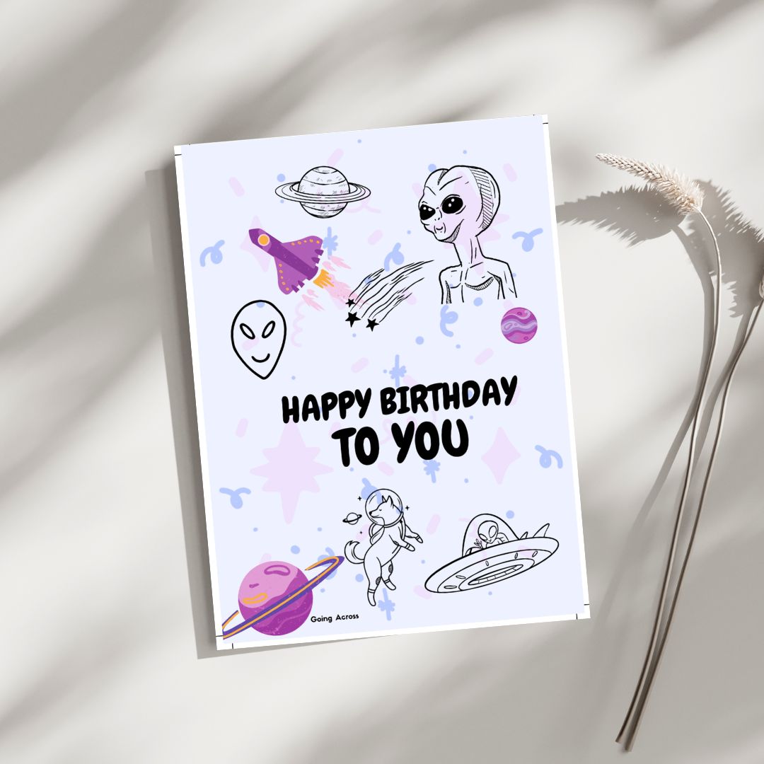 ufo space alien sci-fi printable digital happy birthday card pdf