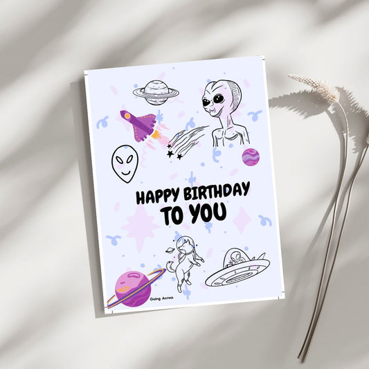 ufo space alien sci-fi printable digital happy birthday card pdf
