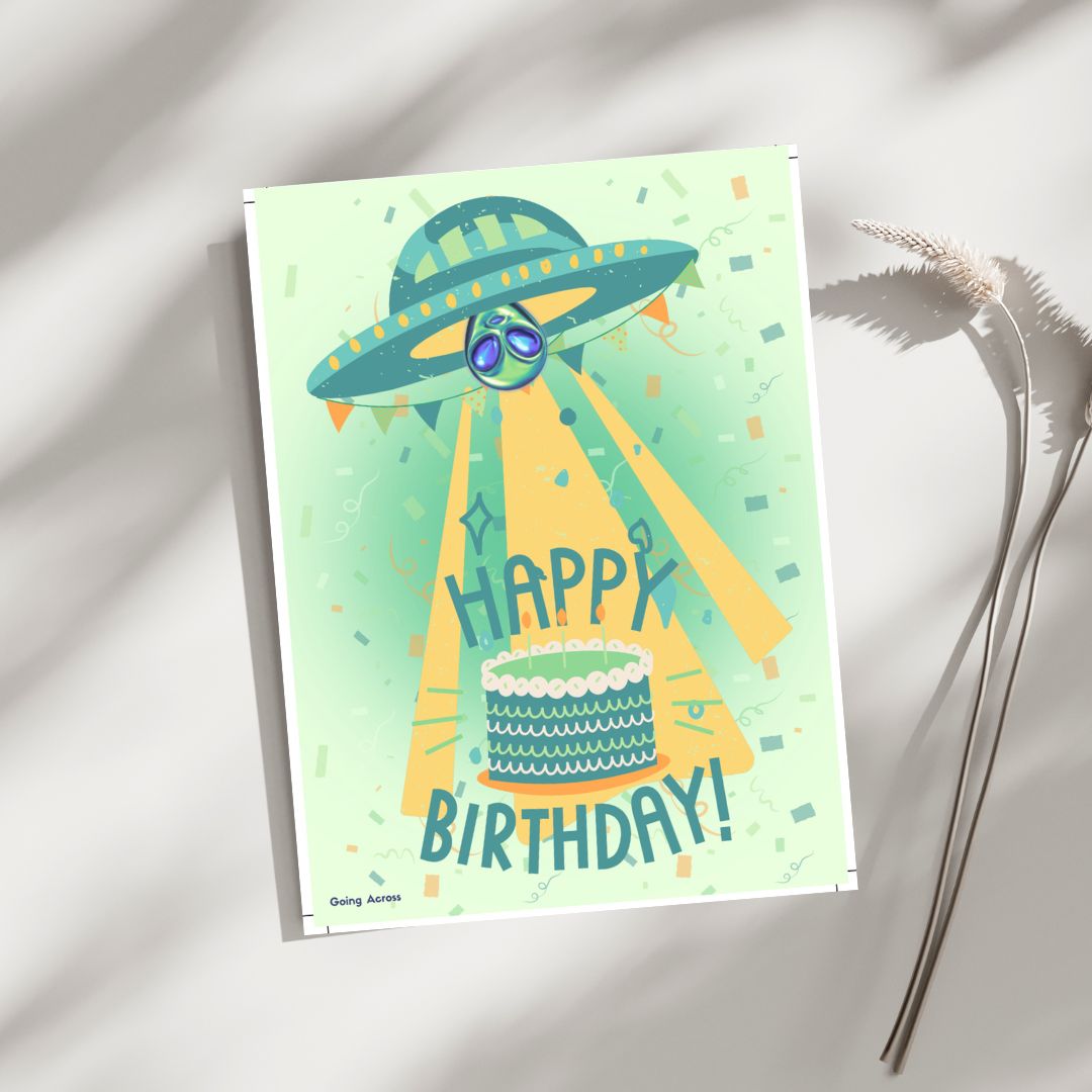 ufo space alien sci-fi printable digital happy birthday card pdf