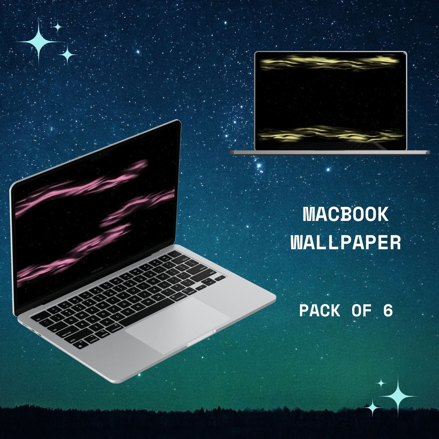Laptop with a starry night background and text 'Dots Macbook Wallpaper Pack of 6' on a blue gradient background by Going Across.