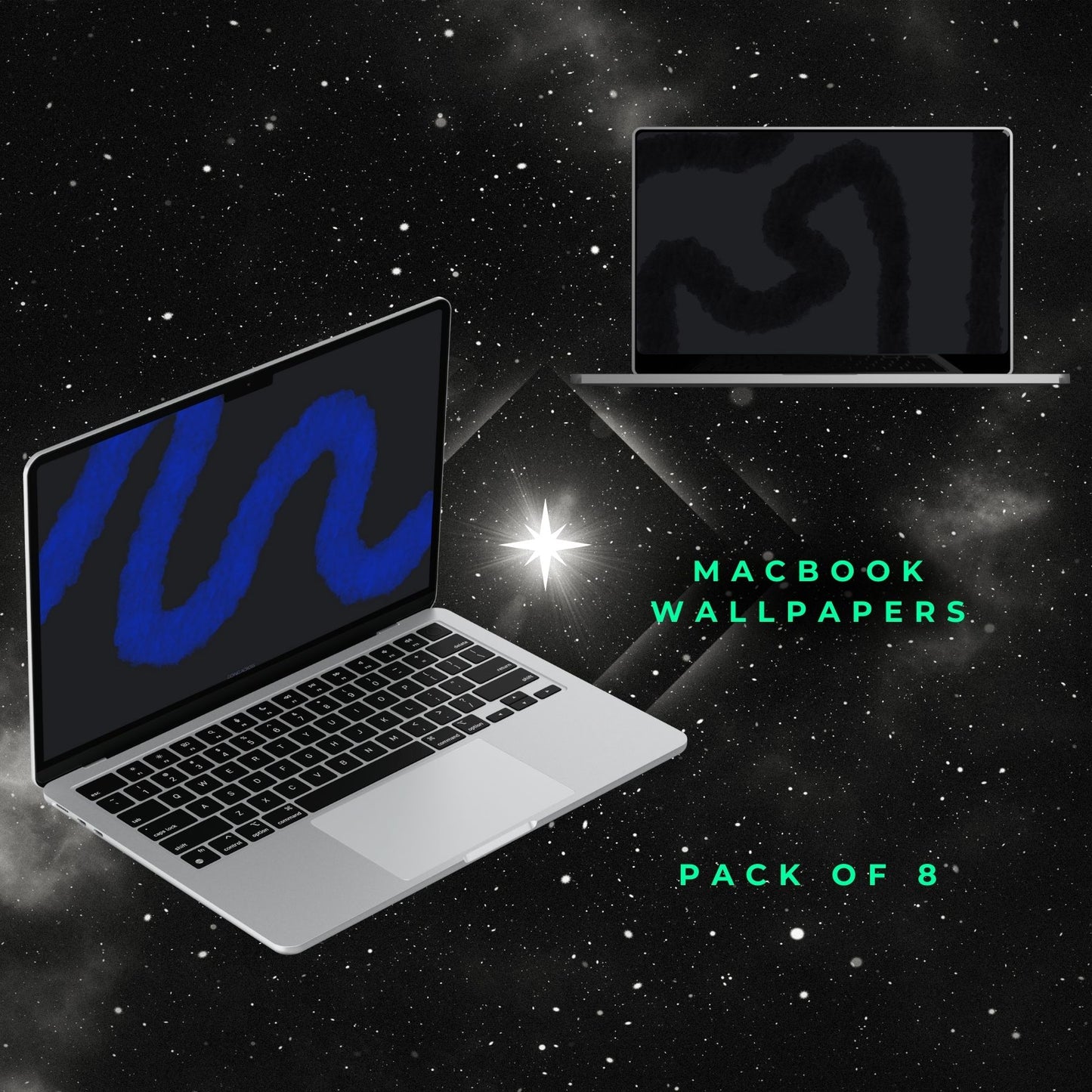 Laptop with a space-themed wallpaper on a starry background, promoting Abstract MacBook wallpapers by Going Across.