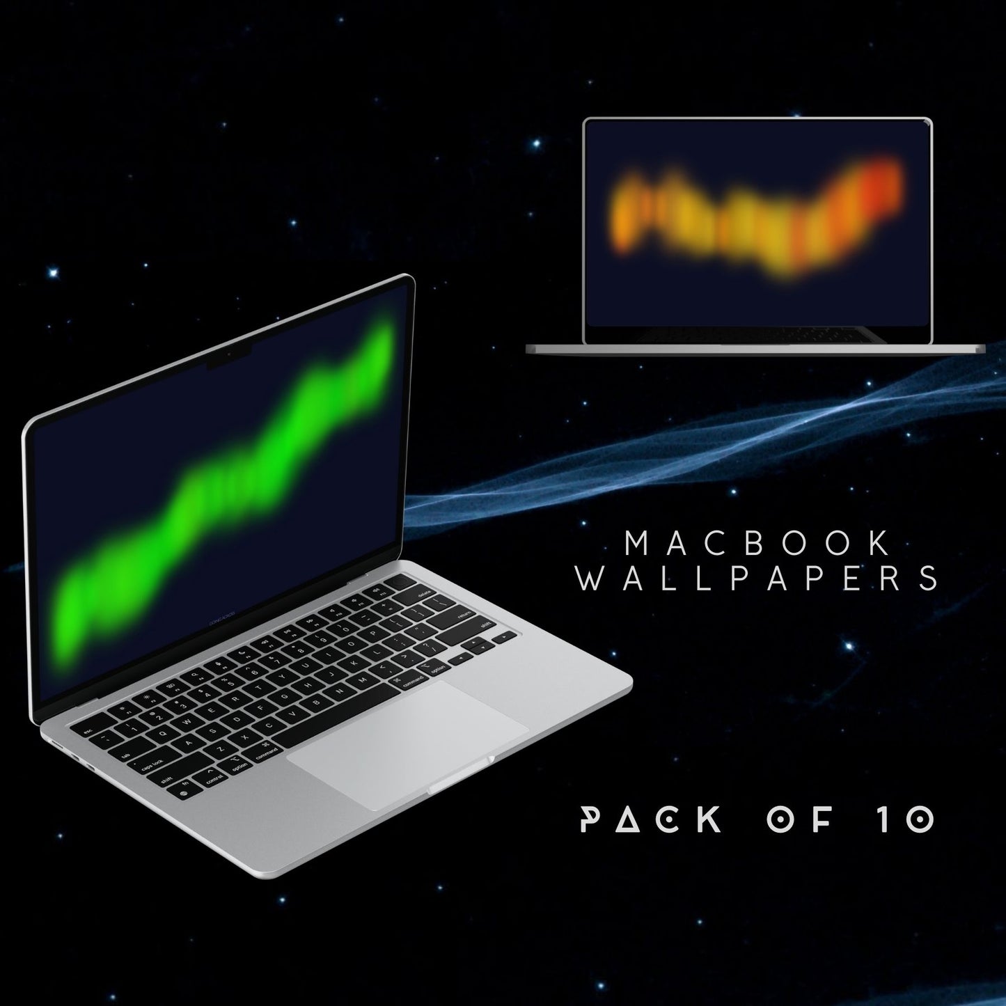 Two laptops with glowing aurora wallpapers on a space-themed background, promoting a pack of 10 MacBook wallpapers by Going Across.