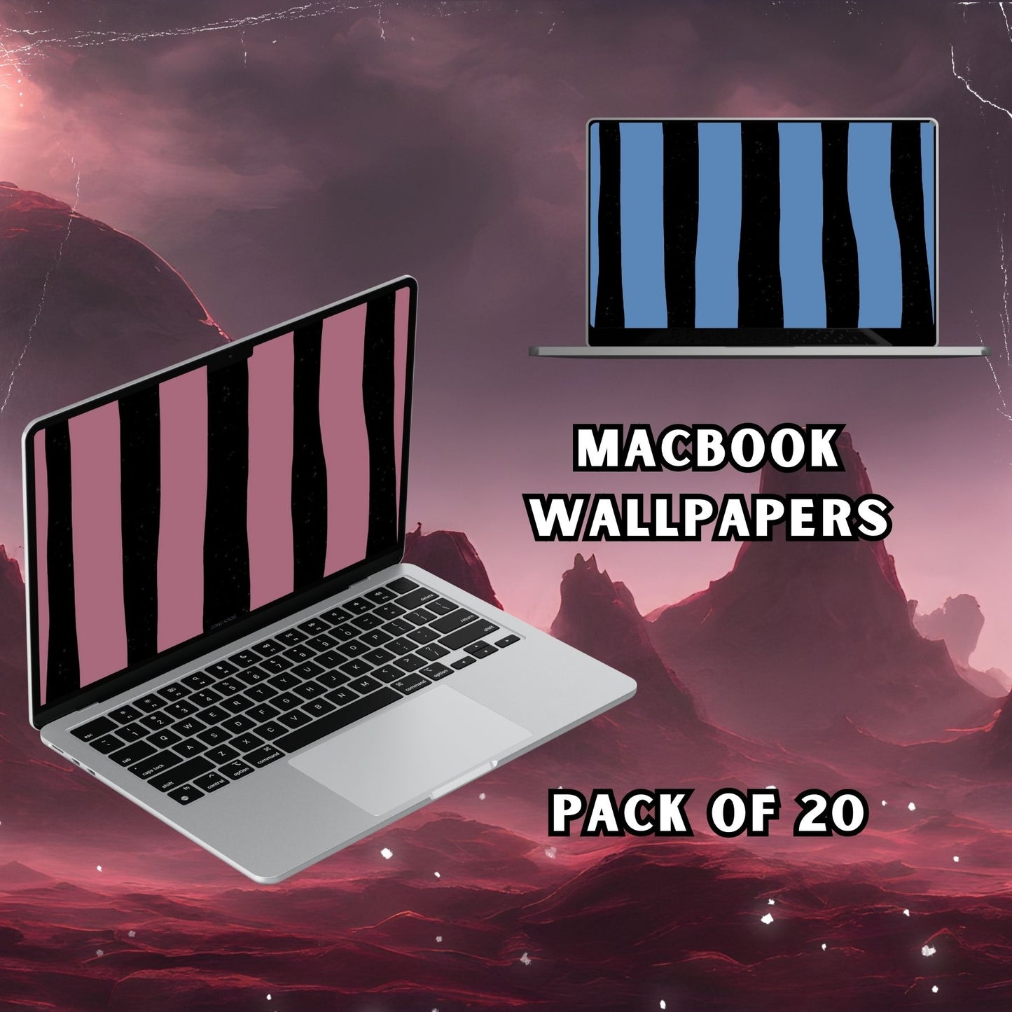 Two laptops with striped screens on a cosmic space background, promoting stripes MacBook wallpapers by Going Across.