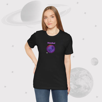 Woman wearing Going Across women's basic t-shirt in black with leggings, featuring the text ‘Stardust’ with space art of bright purple nebula by Manharleen.