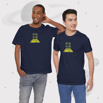 Two men wearing Going Across men's basic t-shirt in navy, with jeans, featuring the text ‘Stellar Frontier’ and vibrant yellow, deep blue space art by Manharleen.