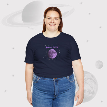 Plus Sized Woman wearing Going Across women's basic t-shirt in navy, featuring the text ‘Lunar Love’ with space art of purple lavender full moon by Manharleen.