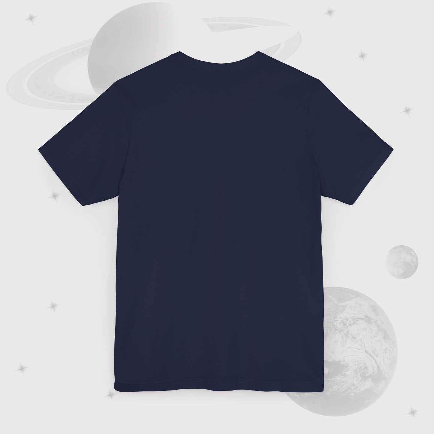 Backside of Going Across women's basic t-shirt in navy, featuring the text ‘Lunar Love’ with space art of purple lavender full moon by Manharleen.