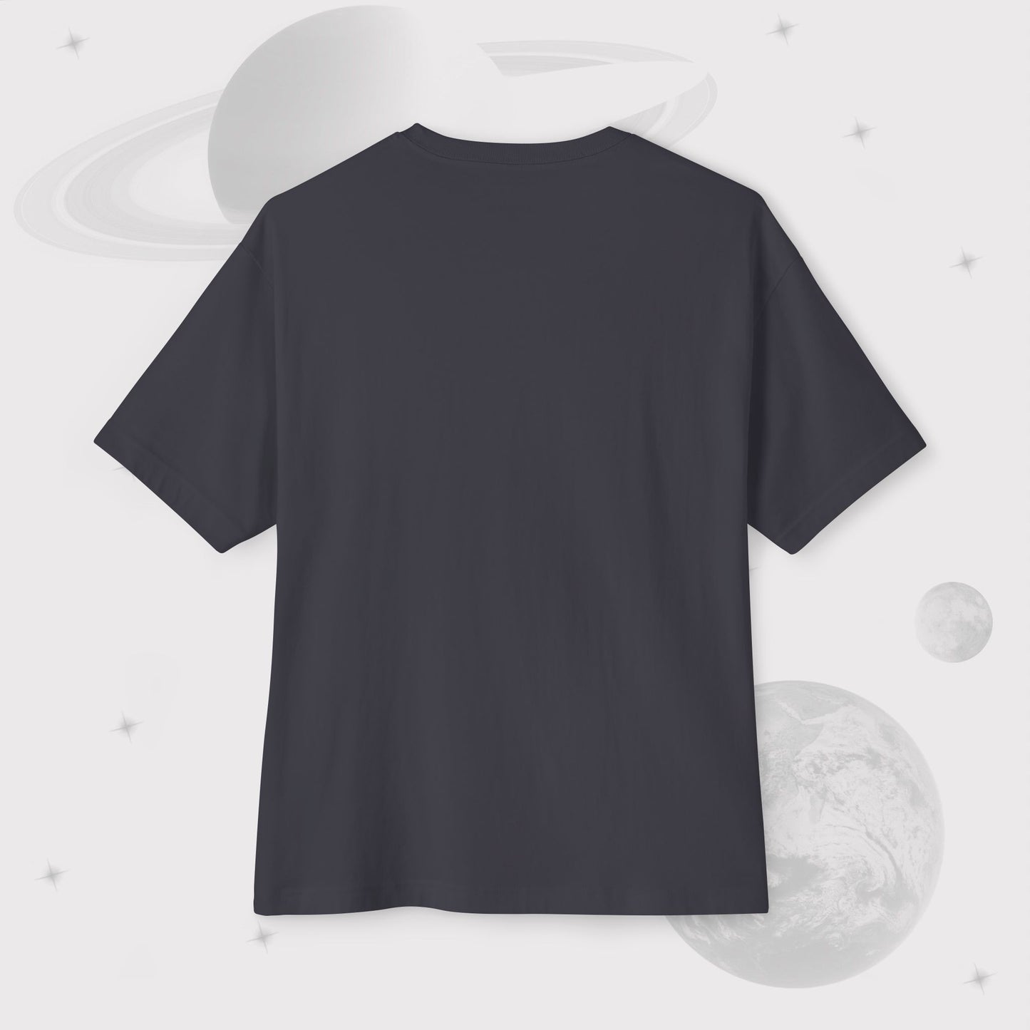 Men's Going Across oversized boxy t-shirt dark grey, front, featuring the text ‘ ALONE Are We?’ and space art of the universe and ufo by Manharleen.