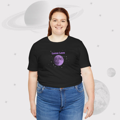 Plus sized Woman wearing Going Across women's basic t-shirt in black, featuring the text ‘Lunar Love’ with space art of purple lavender full moon by Manharleen.