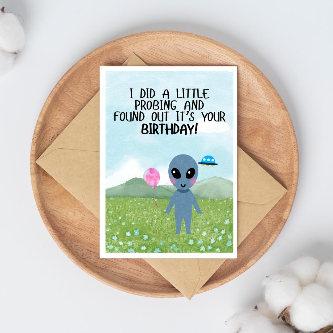 Watercolor Funny Alien Birthday Card – Digital Download