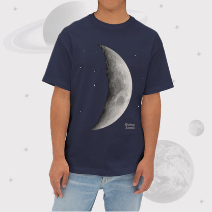 Crescent Moon Oversized T-Shirt by Going Across, Navy Space T-Shirt with crescent moon graphics.