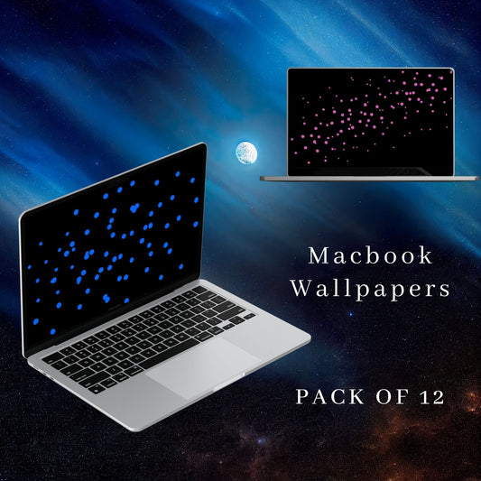 Two laptops with starry space wallpapers on a cosmic background, promoting a pack of 12 dots Macbook wallpapers by Going Across.