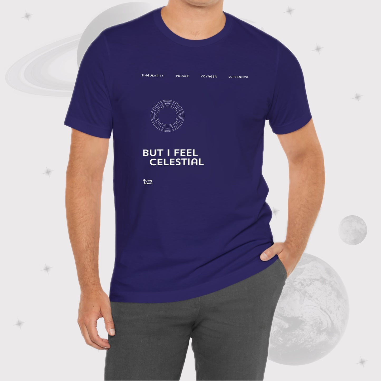 Graphic Crewneck T-Shirt by Going Across, Navy Space T-Shirt with text space art.