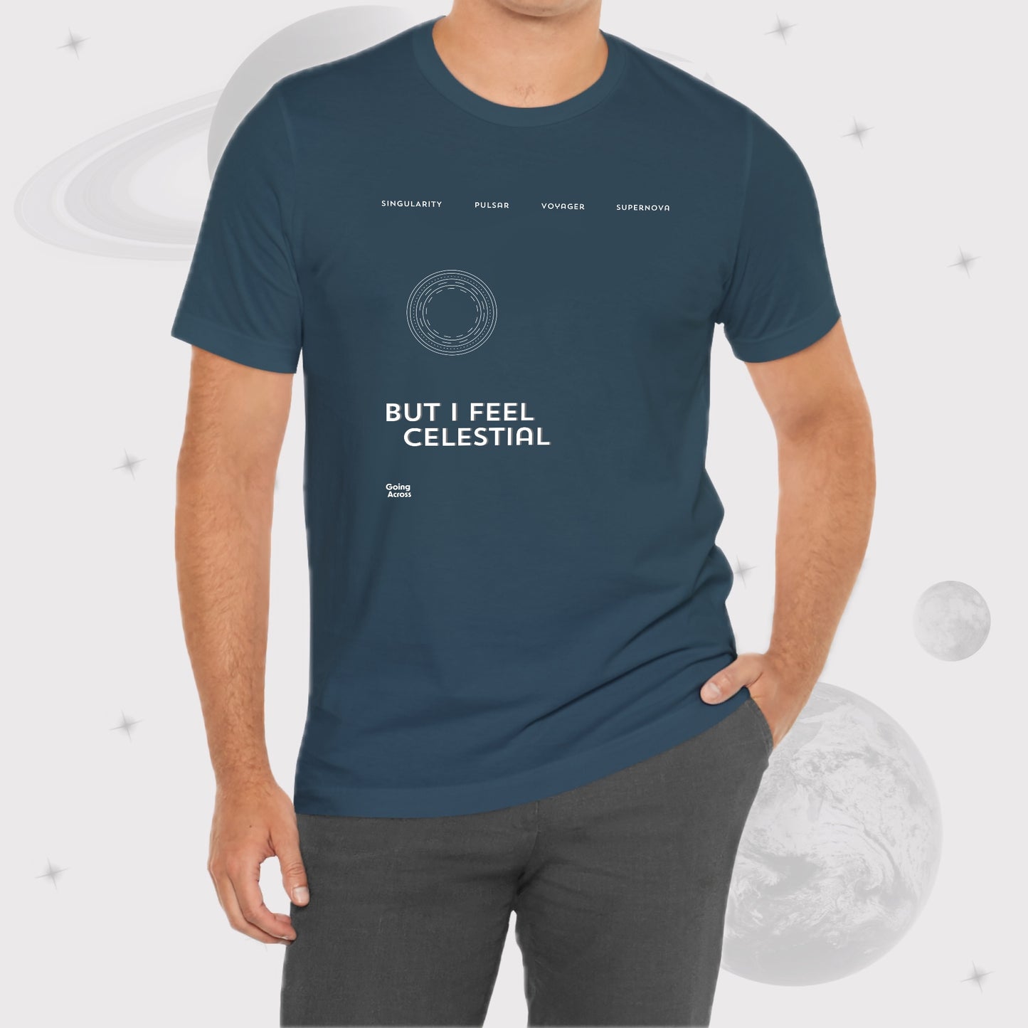 Graphic Crewneck T-Shirt by Going Across, Teal Space T-Shirt with text space art.