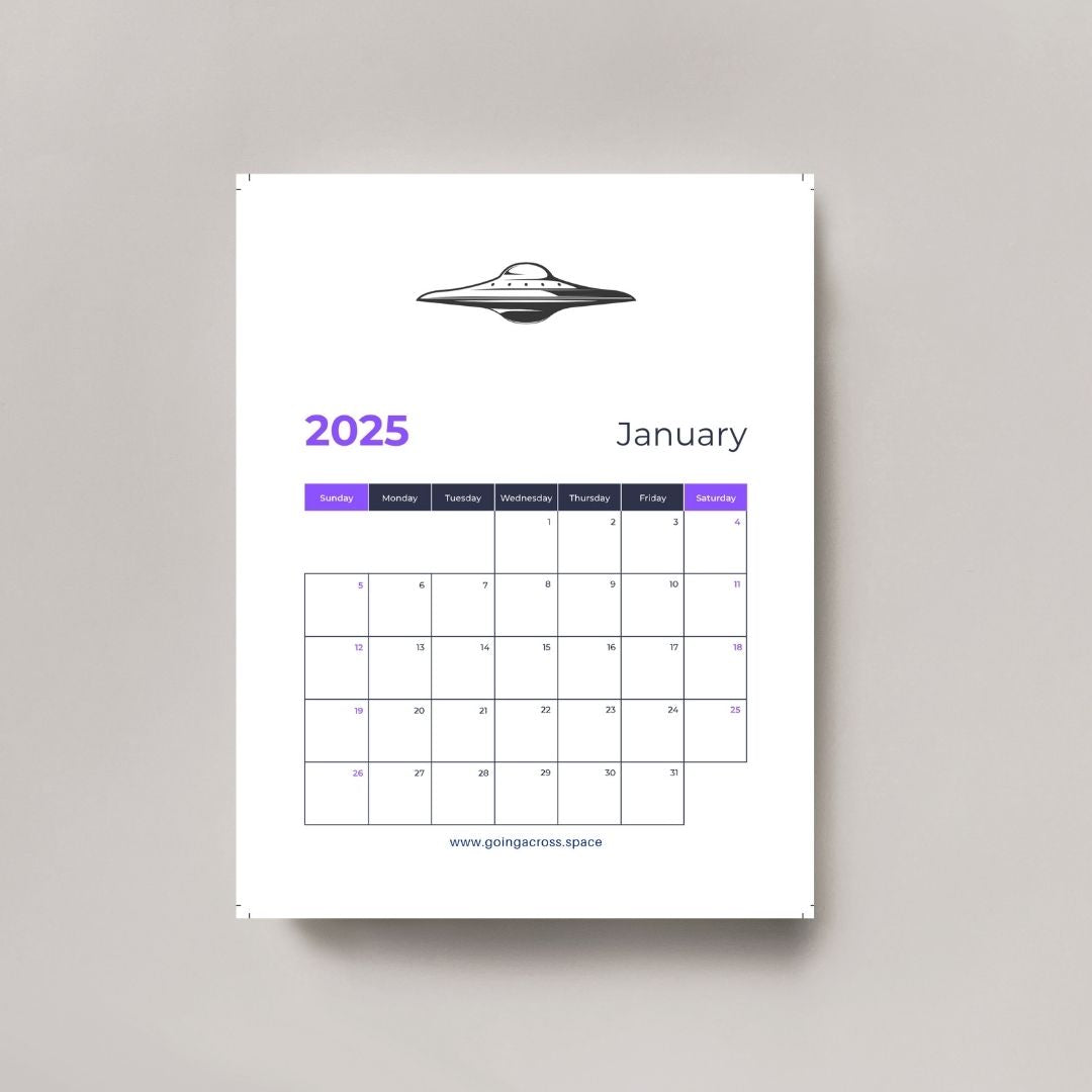  astronauts ufo space alien sci-fi printable digital calendar 2025 pdf