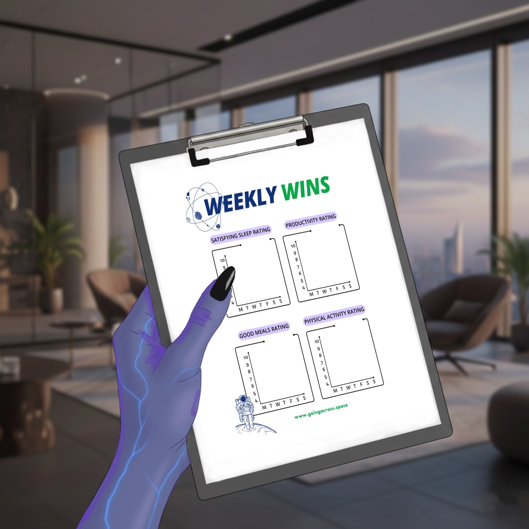 Alien Hand holding a clipboard with 'Weekly Wins' sheet in a modern office setting, digital printables by Going Across.