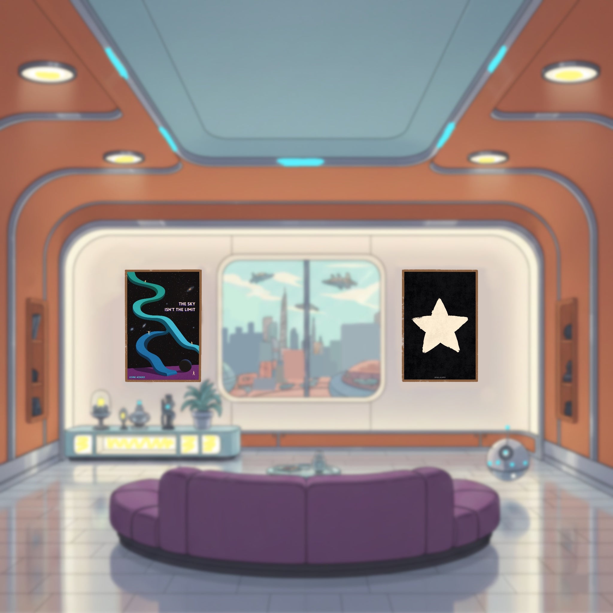 Retro Futurism living room with a purple couch, wall art, and large window, showing off Going Across wall posters.