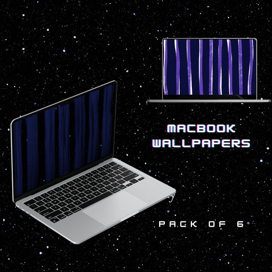 Two laptops with blue and purple vintage space stripes wallpapers on a starry background, promoting MacBook wallpapers  by Going Across.