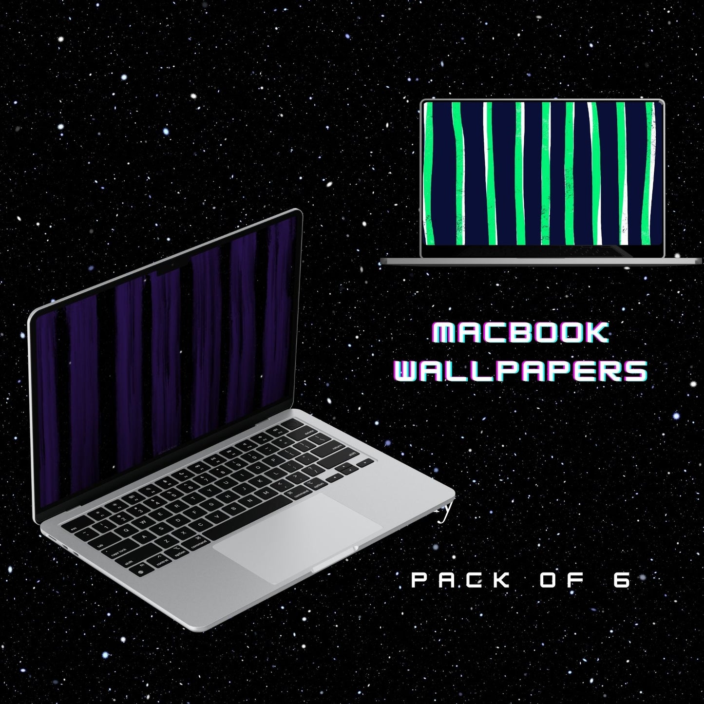 Laptop with a dark screen on a starry background, promoting vintage space stripes MacBook wallpapers by Going Across.