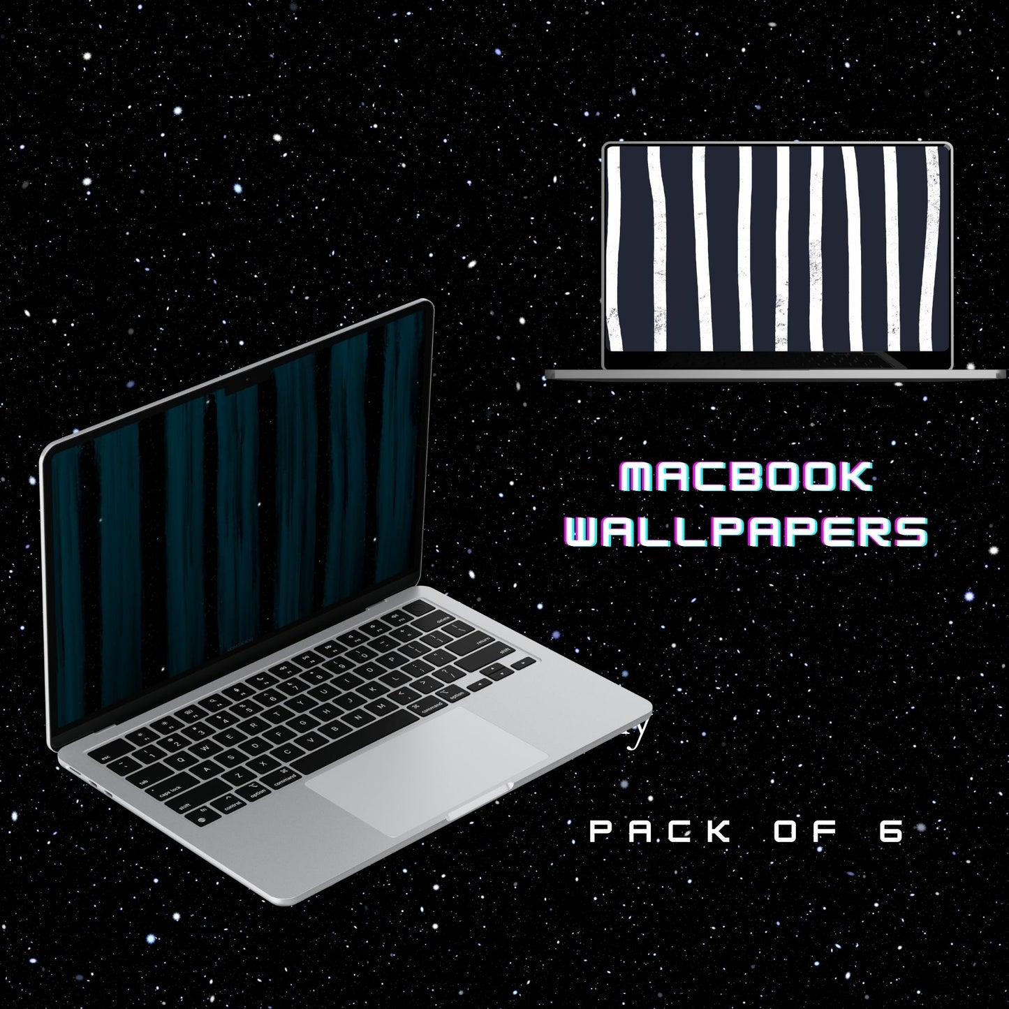 Two laptops with striped wallpapers on a starry background, labeled 'vintage space stripes Macbook Wallpapers Pack of 6' by Going Across.
