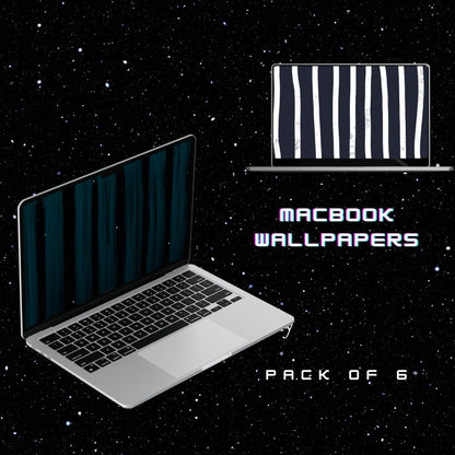 Two laptops with striped wallpapers on a starry background, labeled 'vintage space stripes Macbook Wallpapers Pack of 6' by Going Across.