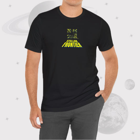 Man wearing Going Across men's basic t-shirt in black, with jeans, featuring the text ‘Stellar Frontier’ and vibrant yellow, deep blue space art by Manharleen.