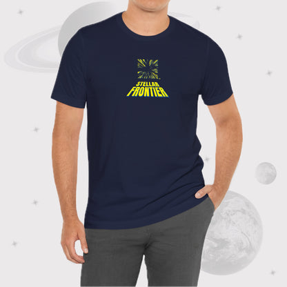 Man wearing Going Across men's basic t-shirt in navy, with jeans, featuring the text ‘Stellar Frontier’ and vibrant yellow, deep blue space art by Manharleen.