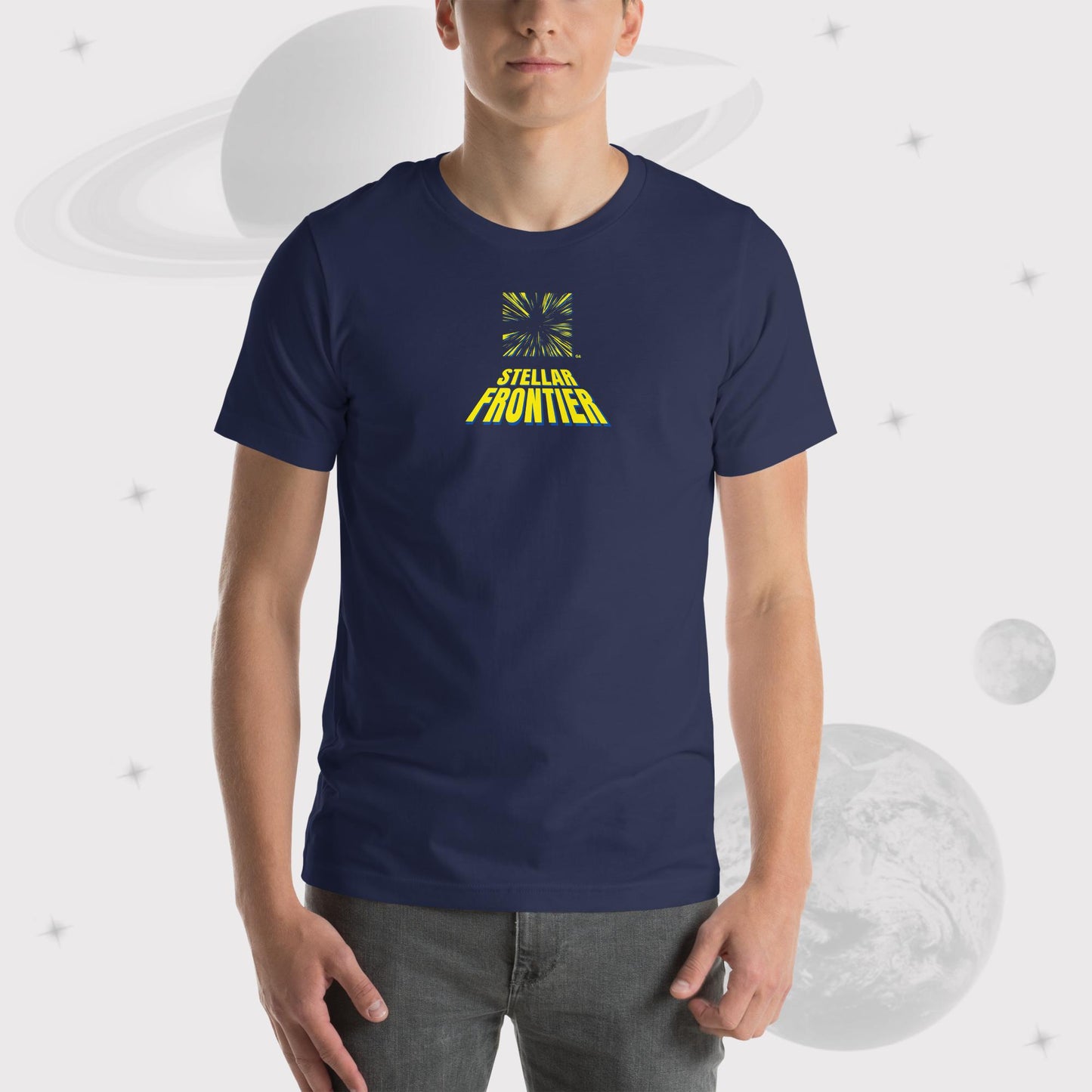 Boy wearing Going Across men's basic t-shirt in navy, with jeans, featuring the text ‘Stellar Frontier’ and vibrant yellow, deep blue space art by Manharleen.