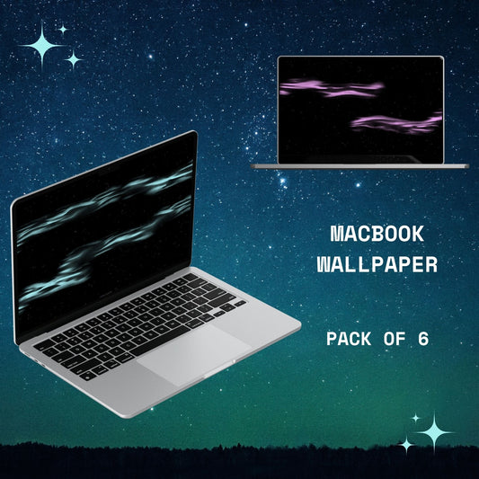 Laptop with a space-themed wallpaper on a starry night background, with text indicating a 'Pack of 6' Dots MacBook wallpapers by Going Across.