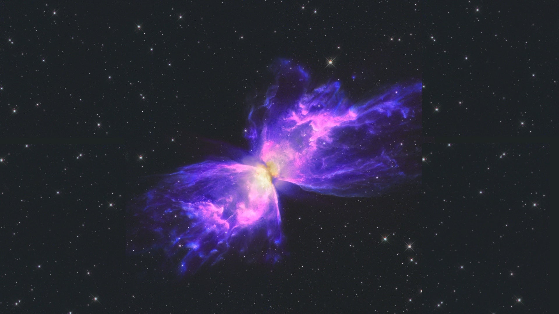 Vibrant purple butterfly nebula against a starry background, ideal inspiration for 'Going Across' apparel.