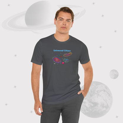 Man wearing Going Across men's basic t-shirt in asphalt/gray, featuring the text ‘Universal Citizen’ with space art of vibrant galaxies and planets by Manharleen.