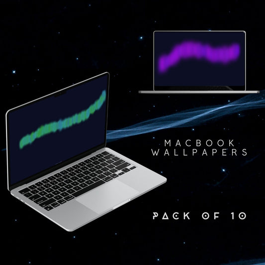 Two laptops with glowing aurora screens on a dark space-themed background, promoting Aurora MacBook wallpapers by Going Across.
