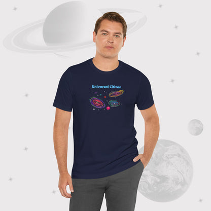 Man wearing Going Across men's basic t-shirt in navy, featuring the text ‘Universal Citizen’ with space art of vibrant galaxies and planets by Manharleen.